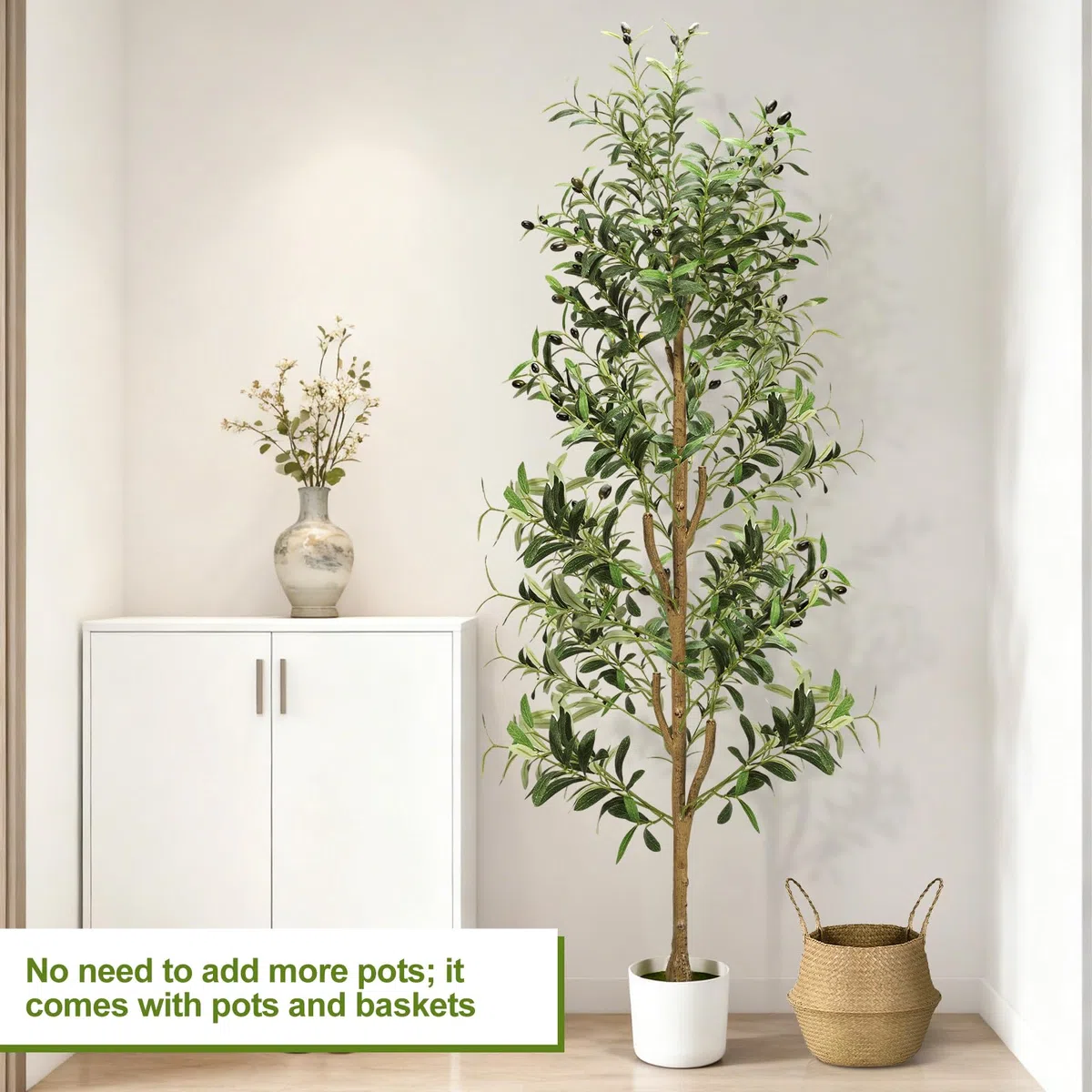 NZQXJXZ Albero di Olive Artificiale 180 cm con Luci, Pianta Artificiale da Interno con Vaso e Cesto, Piante Artificiali con Tronco Naturale e Frutti Realistici per Casa Ufficio