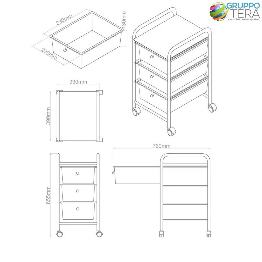 BAKAJI Carrello Estetista in Acciaio Cromato Cassettiera 3 Cassetti Estraibili Colorati con 4 Ruote + Ripiano Superiore Carrello Trolley con Cassetti
