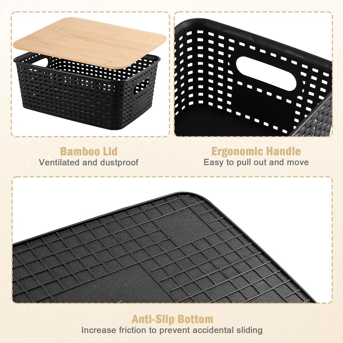 6 Pezzi Scatole Plastica con Coperchio Bambù, Organizer Cucina e Bagno, Impilabile Salvaspazio Cestino Vimini Contenitore Plastica con Bambù Coperchio per Armadio, Ufficio,Camera (Nero)
