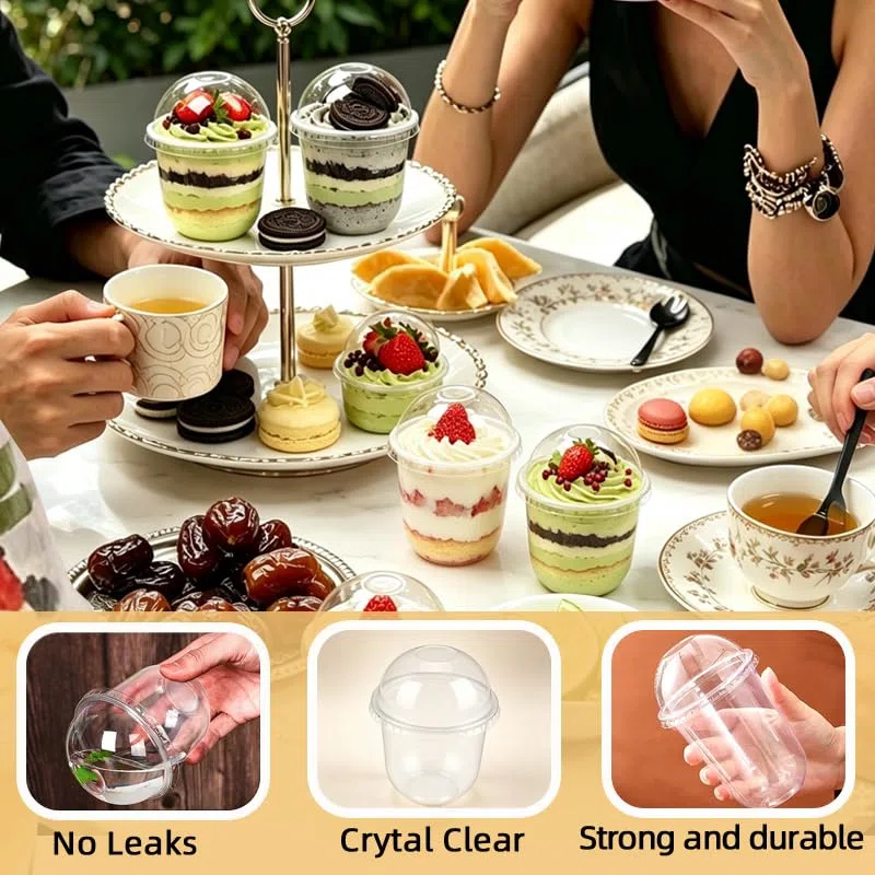 ZoneYan 50 Pezzi Tazze da Dessert Plastica, Rotonde Bicchieri Dessert, 250 ml, Finger Food Contenitori, Plastica Coppe Dessert, Coppette Desserts con Coperchio, Tazze Desserts con Cucchiaio (R)