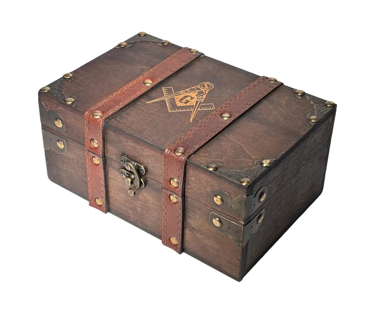 Scatola in legno e pelle con incisione massonica, scatola di legno con rivestimento in velluto, per riporre oggetti e attrezzi massonici