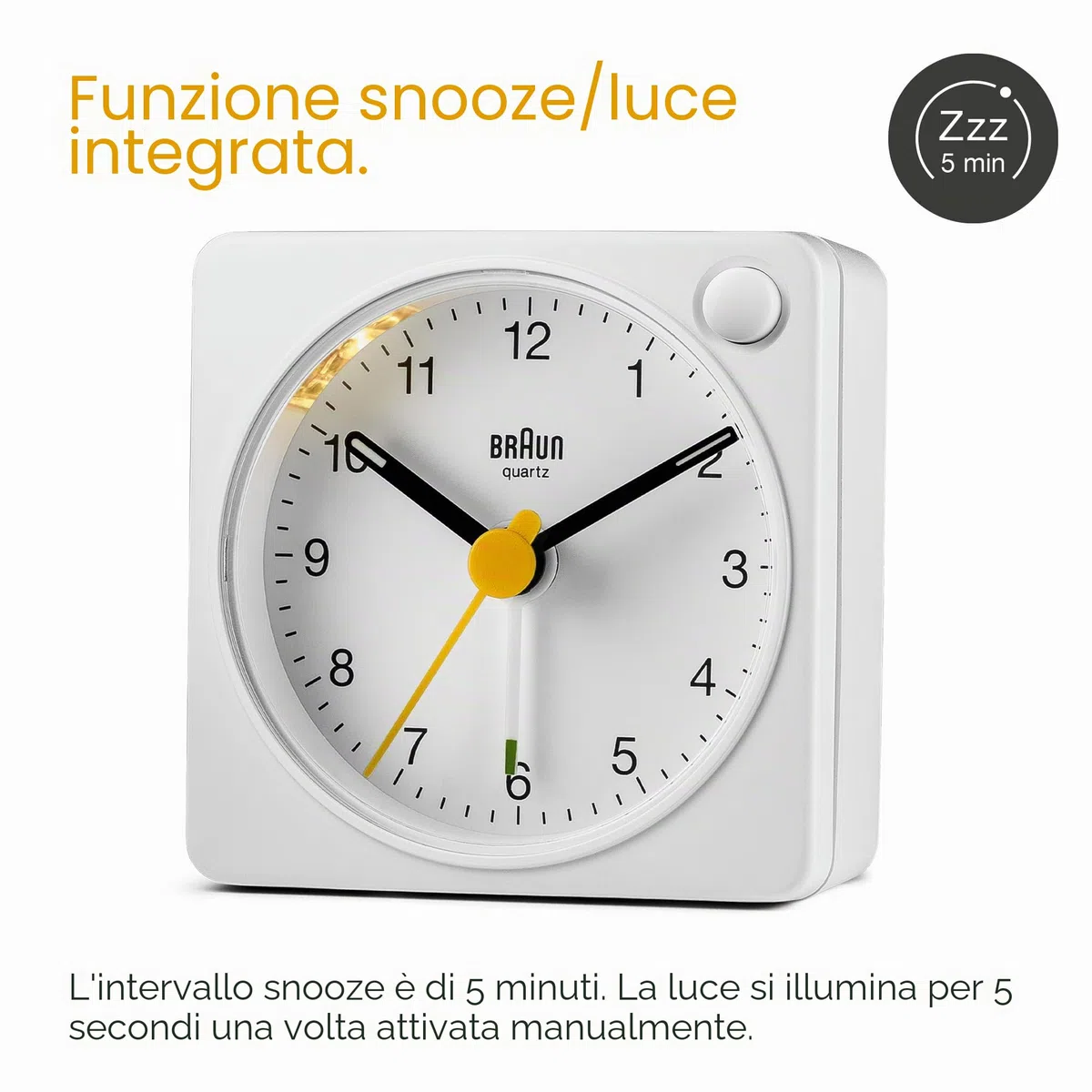 Braun Orologio Sveglia Analogico Classico viaggio con Funzione Snooze e Luce, dimensioni ridotte, Movimento al Quarzo silenzioso, Suono Sveglia Beep con crescendo, colore bianco, modello BC02XW.