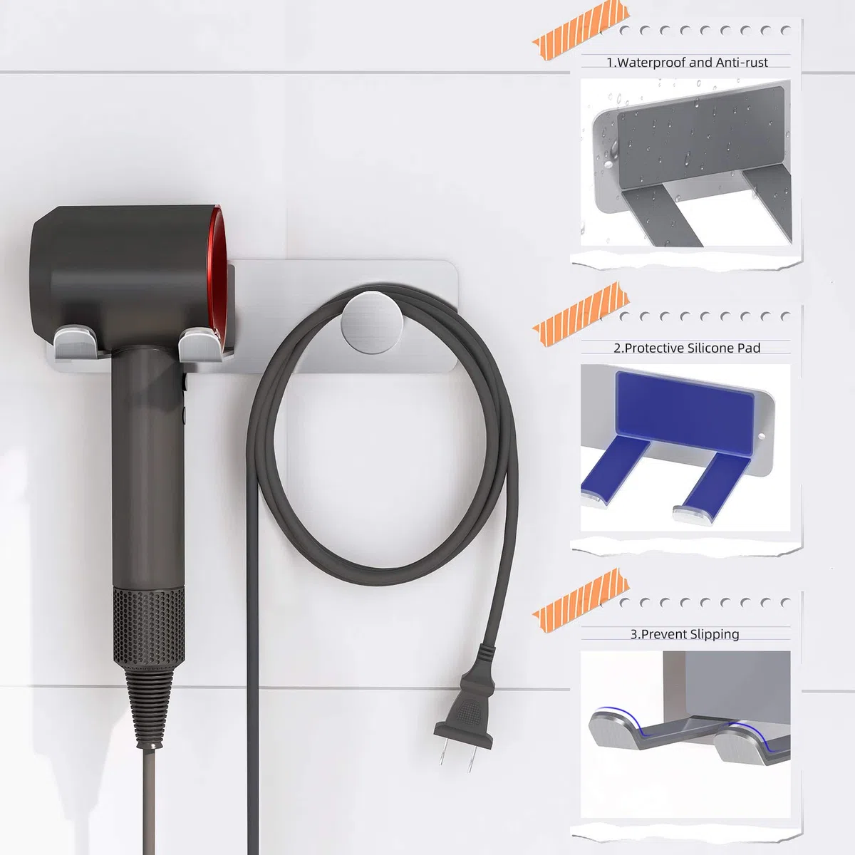 FLE Supporto per asciugacapelli da parete, in acciaio inox, autoadesivo, per asciugacapelli Dyson Supersonic, argento