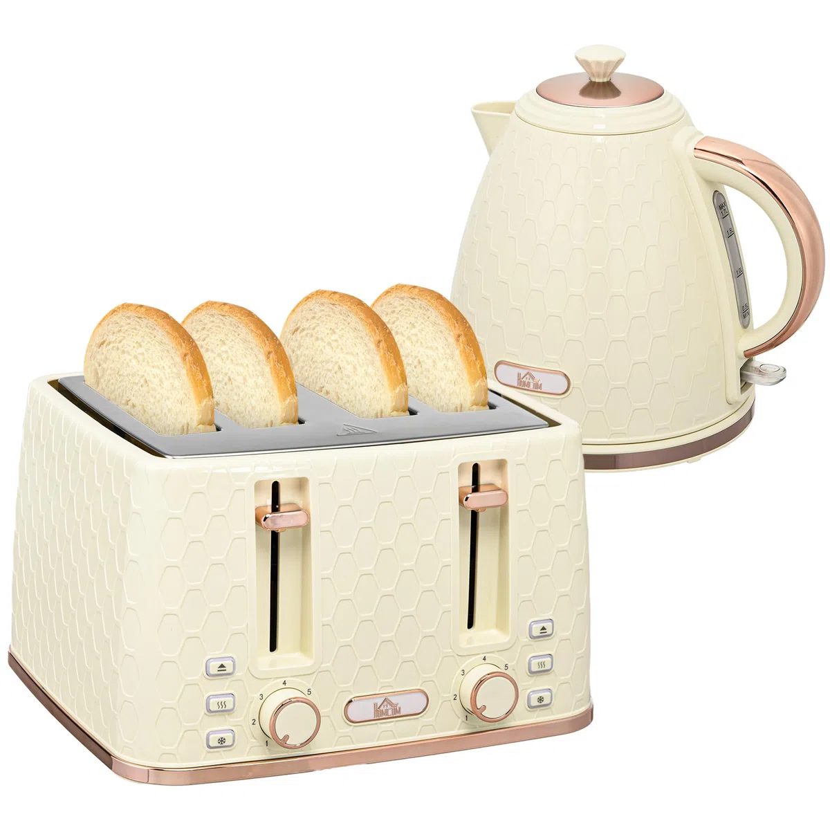 HOMCOM Kettle Toaster Set 1,7L Bollitore 4 fette di pane tostato Set per la colazione con 7 livelli di doratura, spegnimento automatico, funzione di scongelamento e riscaldamento e vassoio