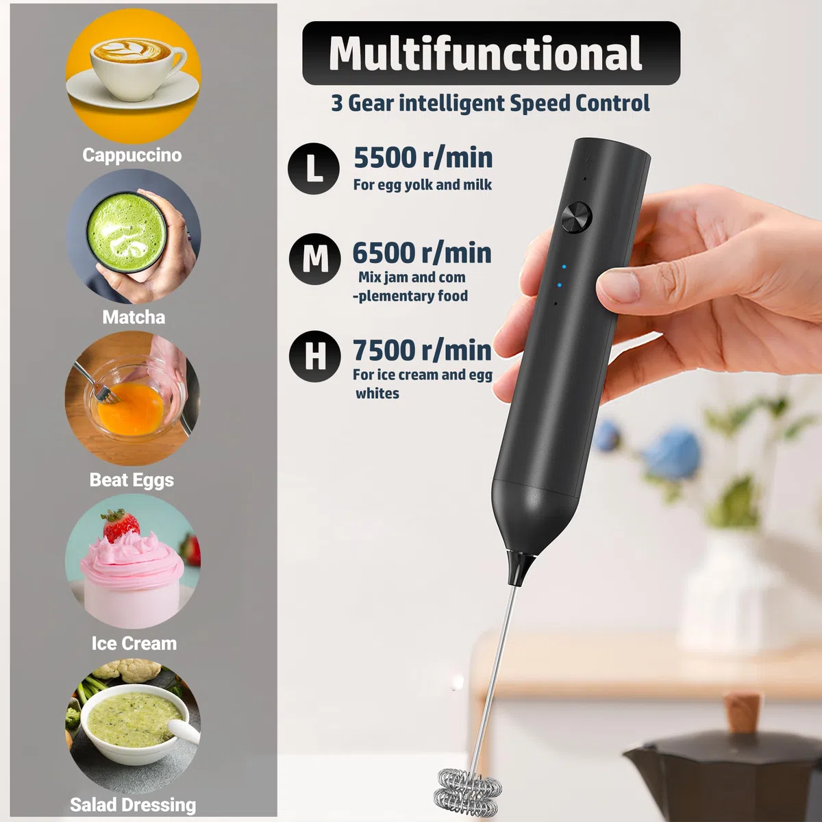 Montalatte portatile, frusta elettrica ricaricabile di tipo C, montalatte per caffè, 3 velocità di miscelazione, mini frullatore per bevande con 2 fruste per caffè, matcha, frappè, latte, cappuccino