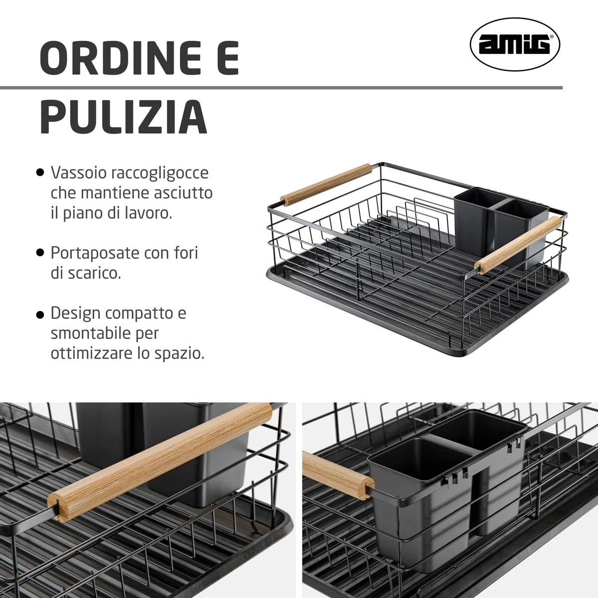 Amig - Scolapiatti Graz - 42 x 31,5 x 15 cm - Acciaio con Manico in Legno - Colore Nero - Scolapiatti con Vassoio di Sgocciolamento e Supporto per Posate - Capacità per 10 Piatti e 6 Bicchieri