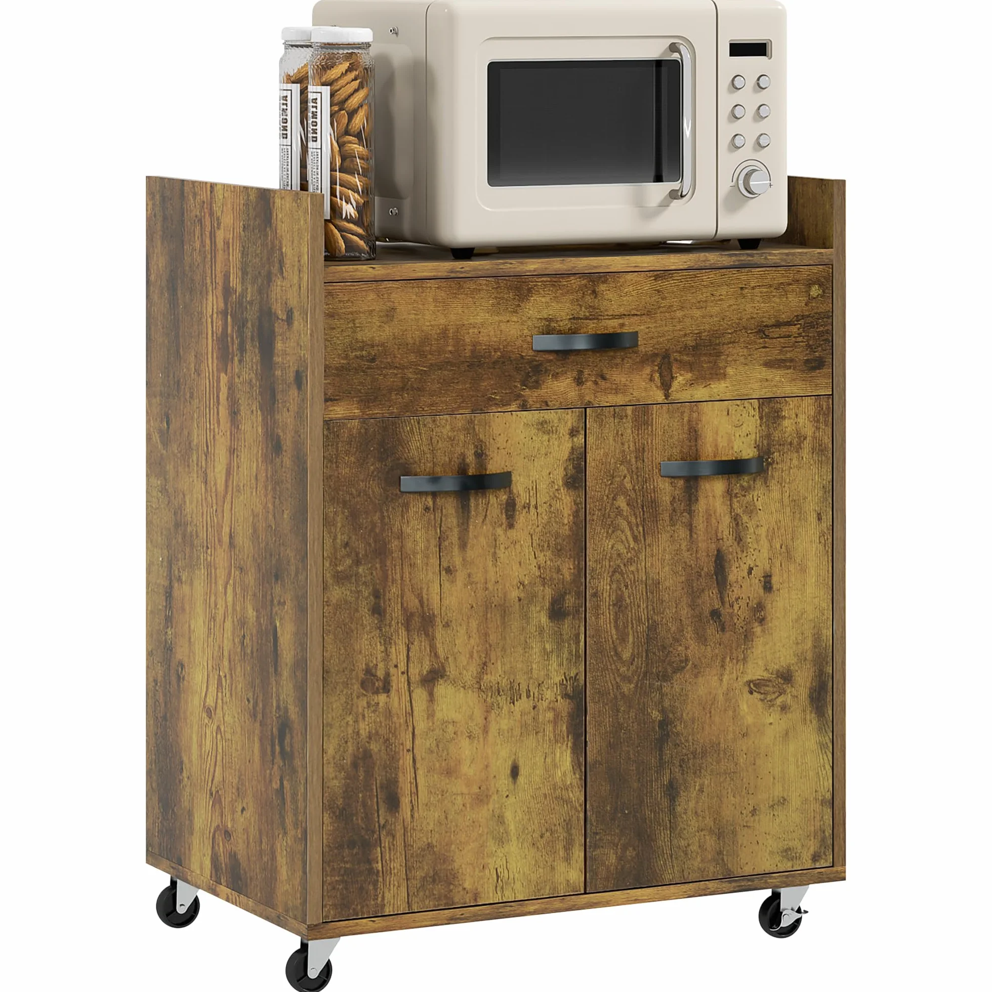 HOMCOM Carrello da Cucina Portavivande per Microonde con Cassetto e Armadietto, Isola per Cucina in Legno con 4 Ruote e Ripiano Regolabile, 60x40x77 cm, Marrone Rustico