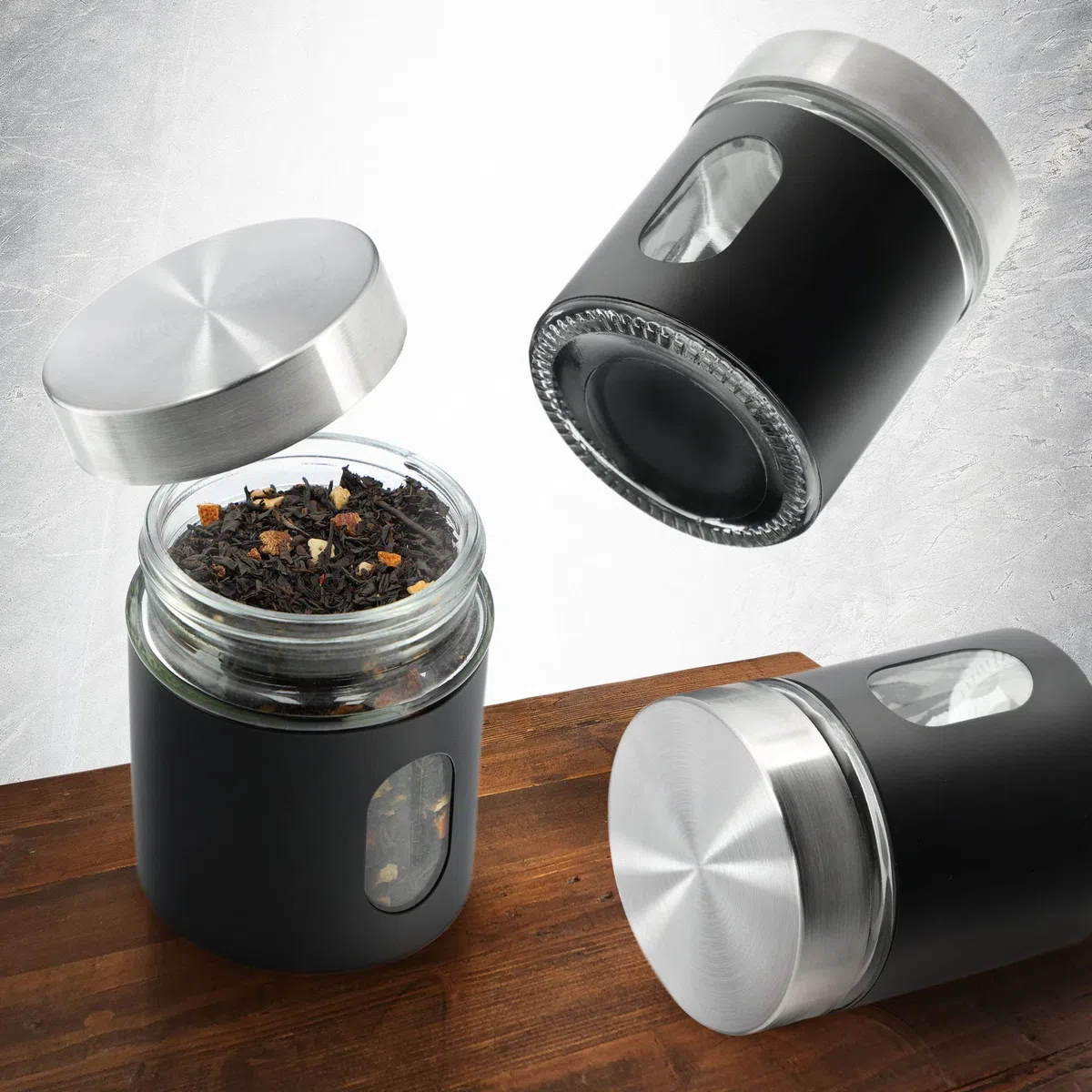 KADAX Contenitore da cucina, 320 ml, in vetro e acciaio inox, con tappo a vite, contenitore per farina, zucchero, caffè (nero)