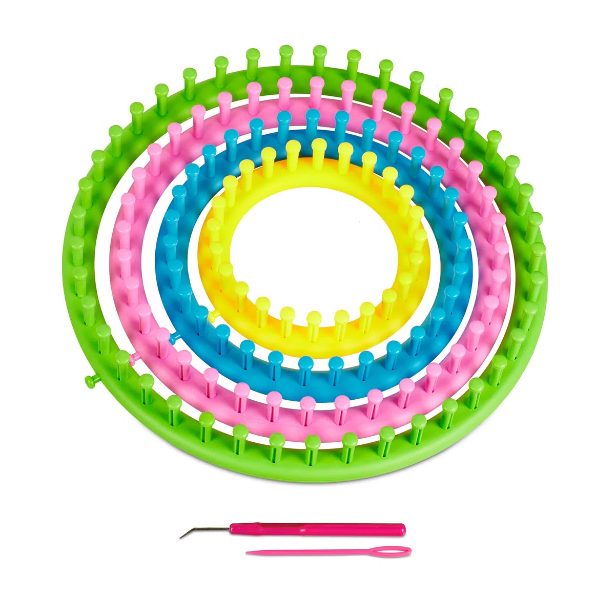 Relaxdays Set di Telai Circolari per Lavorare A Maglia, 4 Anelli Maglieria Cappello Sciarpa Ø 28, 24, 19, 14cm, Colorato