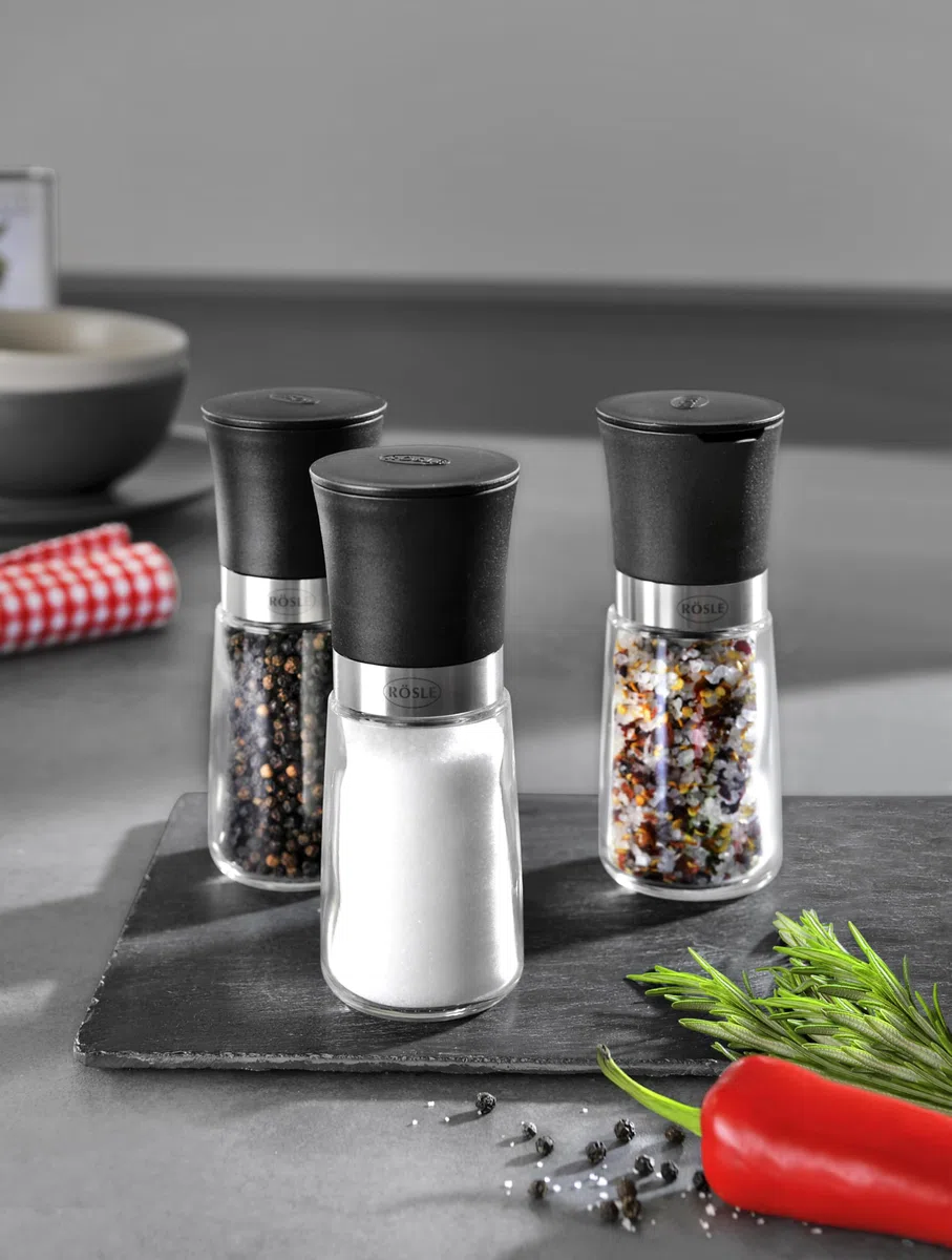 RÖSLE Set 3 pezzi per macinare le spezie, macina sale e pepe di alta qualità con macinino in ceramica per tutti i tipi di spezie, contenitore in vetro, 14 cm