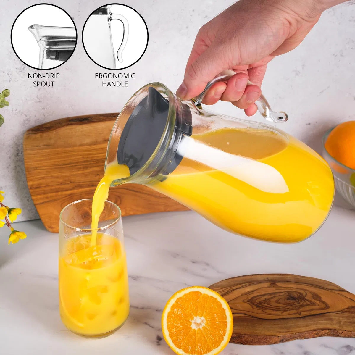 Homiu Brocca per acqua in vetro da 1,8 l, brocca in vetro con coperchio, caraffa in vetro con coperchio, caraffa per tè freddo, acqua calda, fredda, vino, caffè, latte e succhi di frutta, caraffa per