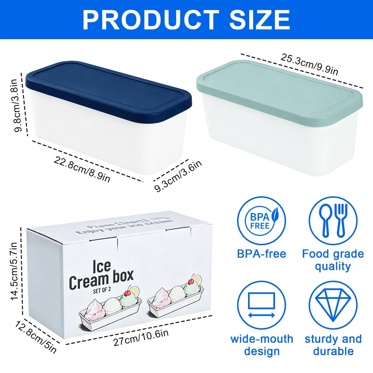 Contenitori per congelatore da 1 litro per gelato, set da 2 pezzi, contenitore per ghiaccio fatto in casa, contenitore per congelatore con coperchio, impilabile, contenitore per gelato, gelato, gelato