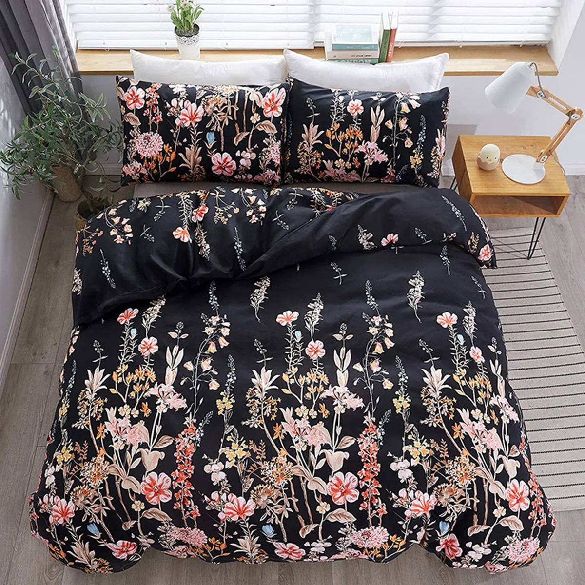 FANSU Copripiumino Matrimoniale 240x220cm - Nero Stampa Fiore Set Parure Copripiumino Matrimoniale in 100% Microfibra 3 Pezzi con 2 Federa(50x75CM) cme Chiusura a Cerniera