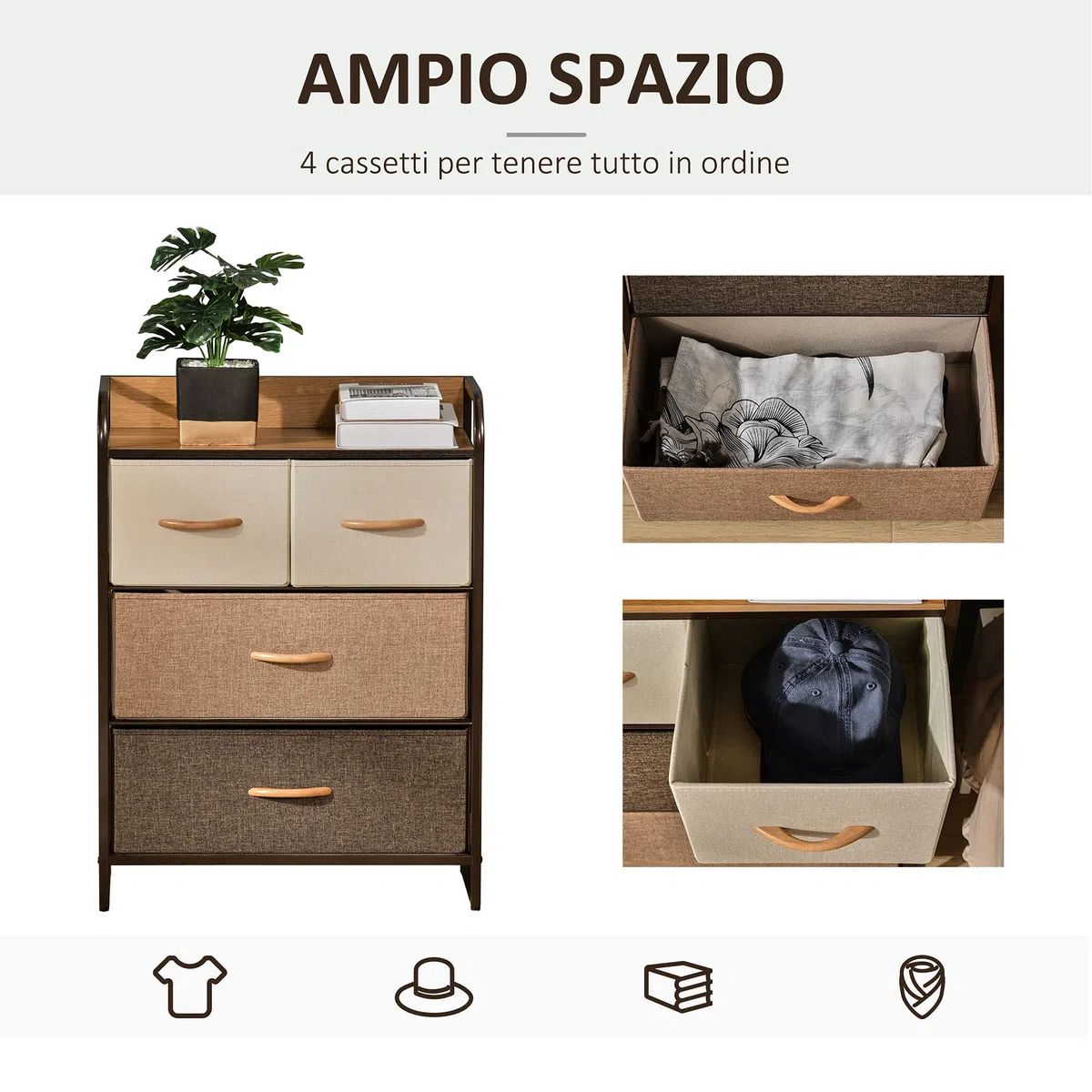 HOMCOM Mobile Cassettiera da Camera da Letto e Soggiorno, Cassettiera con 4 Cassetti Pieghevoli in Tessuto e Ripiano in MDF, 58x29x78.5cm, Multicolore