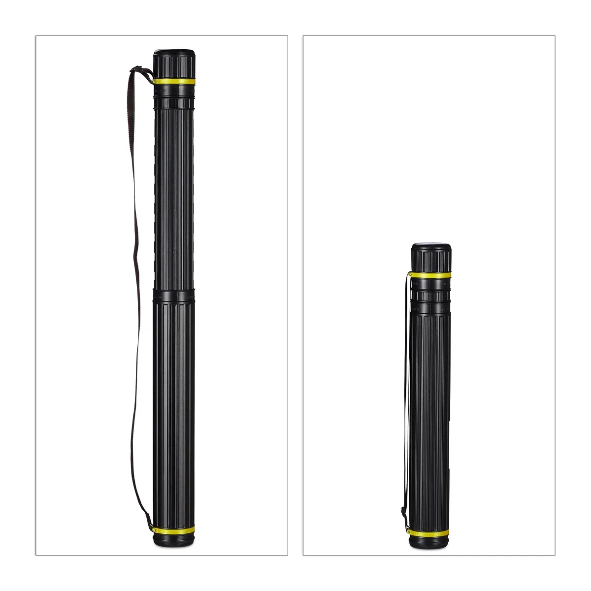 Relaxdays Tubo Portadisegni, Formato Max. A0, Cintura Regolabile, Tappo a Vite, Altezza 64-107 cm, Plastica, Nero Giallo