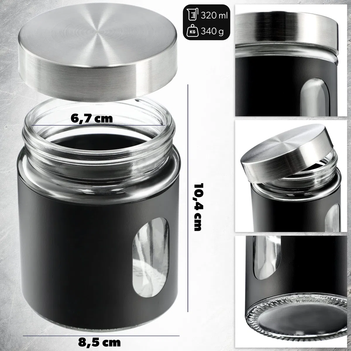 KADAX Contenitore da cucina, 320 ml, in vetro e acciaio inox, con tappo a vite, contenitore per farina, zucchero, caffè (nero)