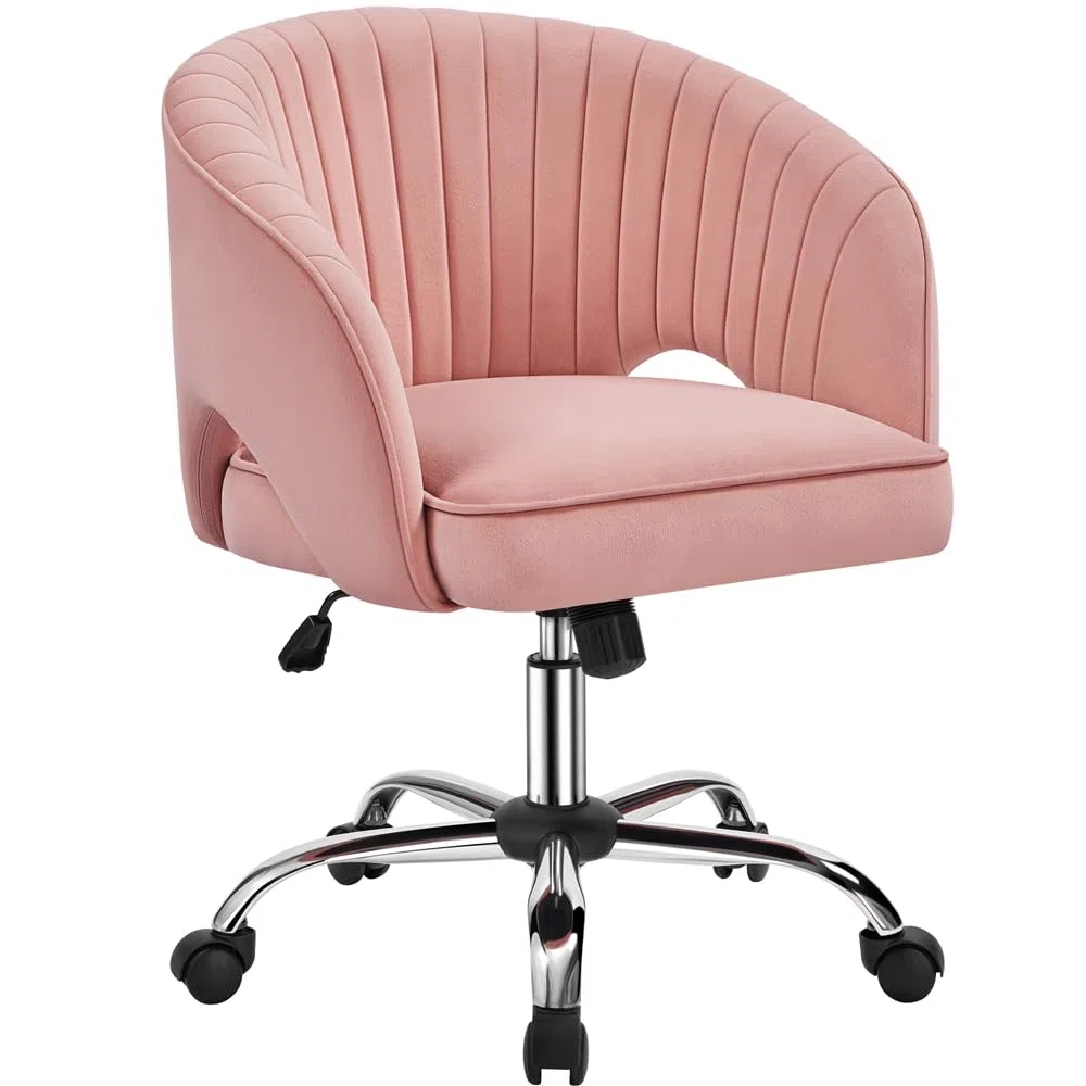 Yaheetech Poltroncina/Sedia da Ufficio Scrivania Ergonomica in Velluto Imbottita a Rotelle Girevole Reclinabile Altezza Regolabile Rosa