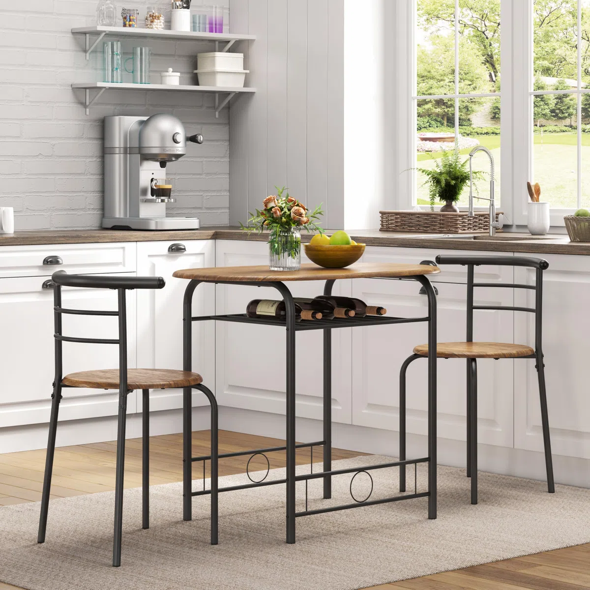 Yaheetech Set Mobili da Bar Tavolo e 2 Sedie Sala da Pranzo Cucina Piccoli Spazi Salvaspazio Balcone per 2 Persone in Legno e Metallo Sedia Portata 136 kg Marrone Retro