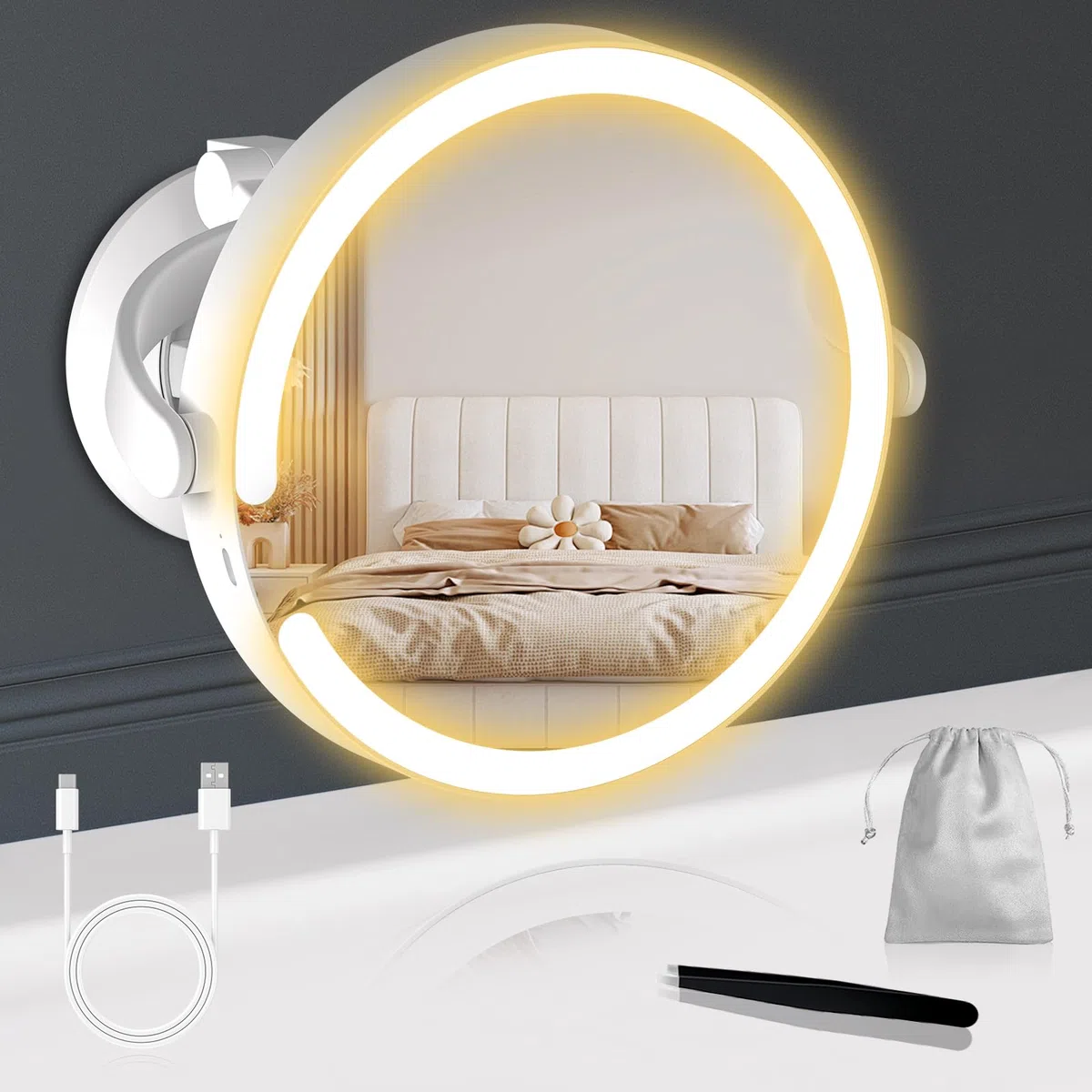 Robofun Specchio da trucco luminoso con ventosa potente, 10x ingrandimento luminoso, specchio d'ingrandimento a luce regolabile in intensità, altezza regolabile 25 cm