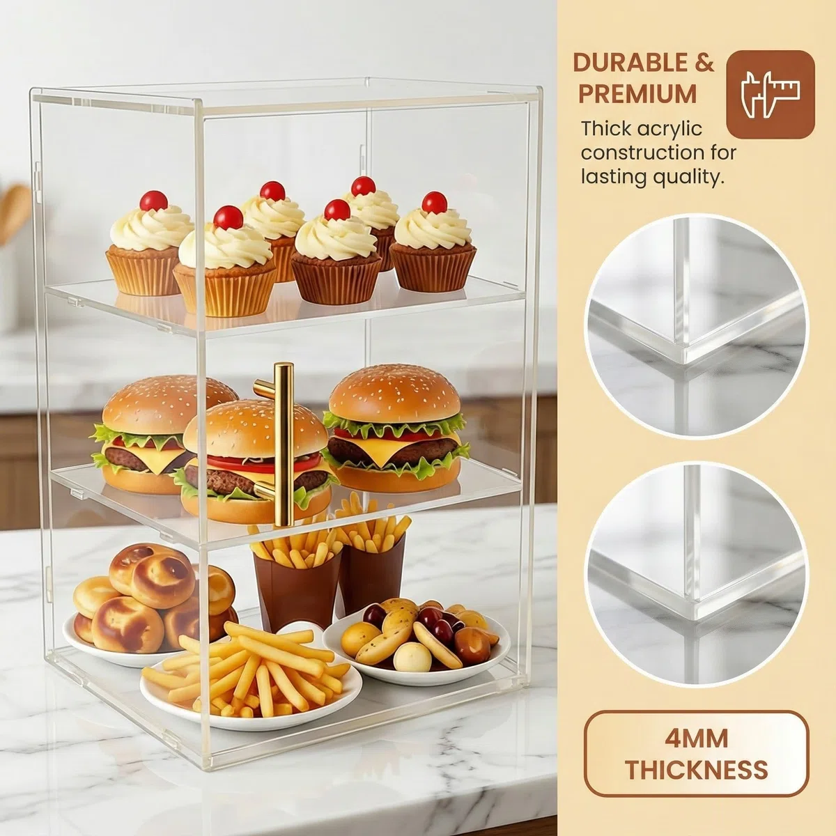 Teatro per Dolci in Acrilico, Portapane & Vetrina per Pasticceria da Bancone, 3 Ripiani per Ciambelle, Muffin, Croissant, Contenitore per Condimenti e Articoli da Toeletta, 30 x 24,5 x 40cm