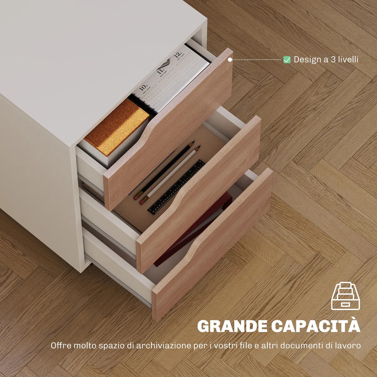 HOMCOM Cassettiera da Ufficio Portadocumenti a 3 Cassetti con Maniglie a Scomparsa, Armadietto da Ufficio a 4 Ruote in Legno e Metallo, 40x50x57.5 cm, Legno e Bianco