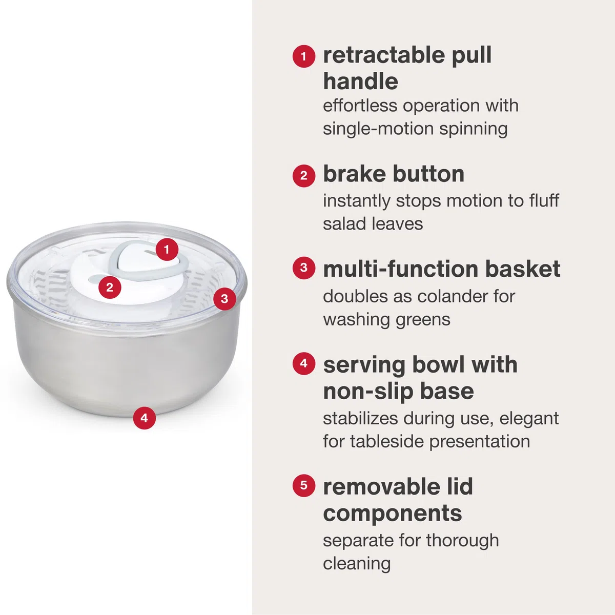 Zyliss Easy Spin 2 Centrifuga Per Insalata, Grande, Acciaio Inossidabile, Bianco, Insalatiera con Coperchio, Scolaverdure, Lavabile in Lavastoviglie