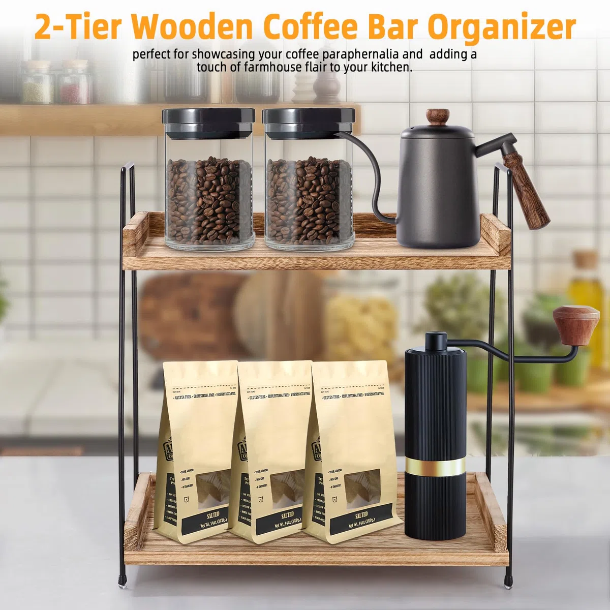Scaffale Portaoggetti a 2 Ripiani per Caffè e Accessori Bar in Legno - Organizer per Cucina, Casa, Ufficio