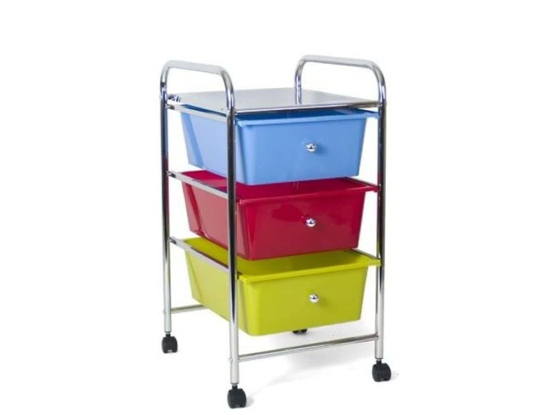 BAKAJI Carrello Estetista in Acciaio Cromato Cassettiera 3 Cassetti Estraibili Colorati con 4 Ruote + Ripiano Superiore Carrello Trolley con Cassetti