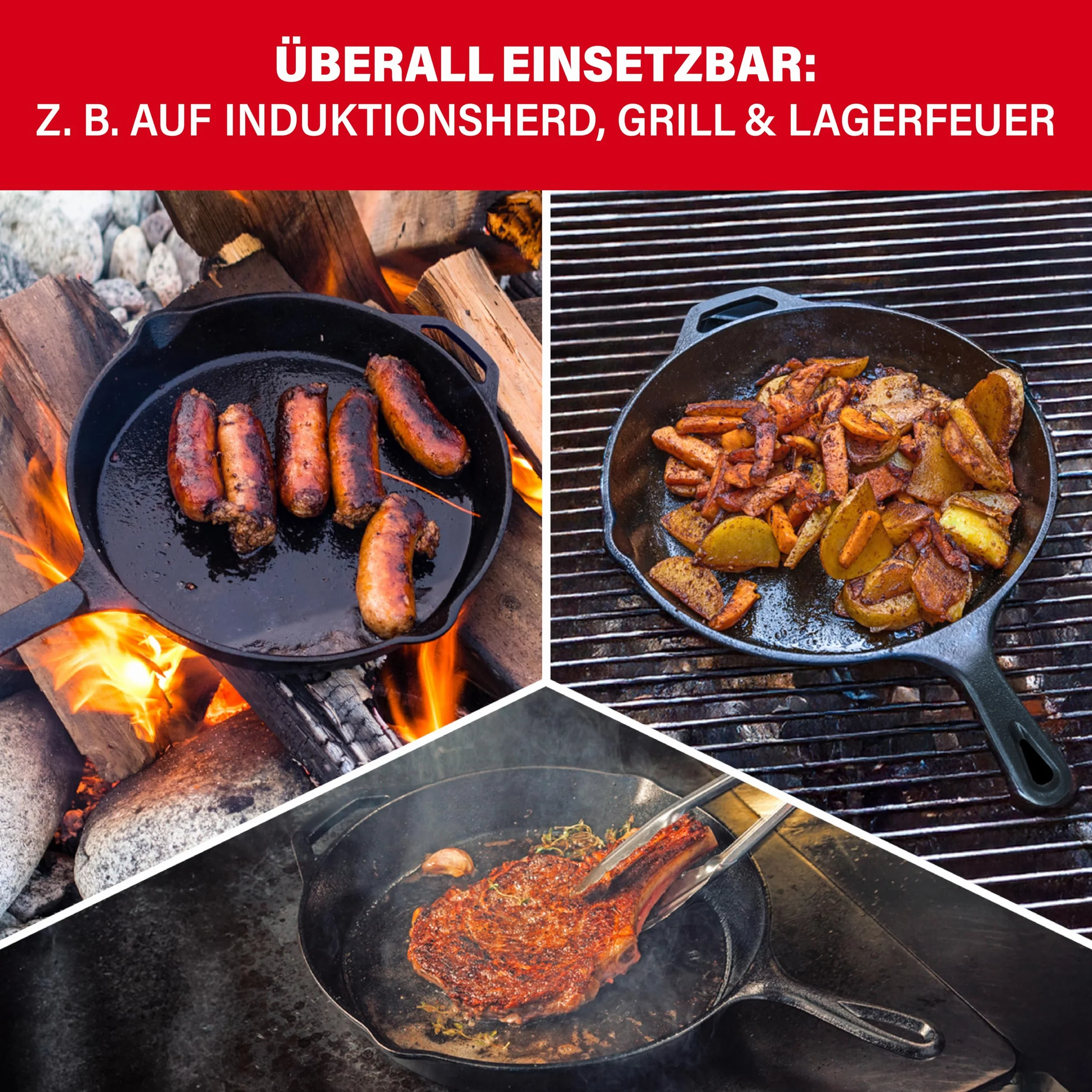 BBQBOSS Padella in ghisa 28 cm [2,8 litri] padella in ferro – cast iron pan – frying pan – induzione – padella in ghisa – per barbecue a gas – per barbecue a carbone