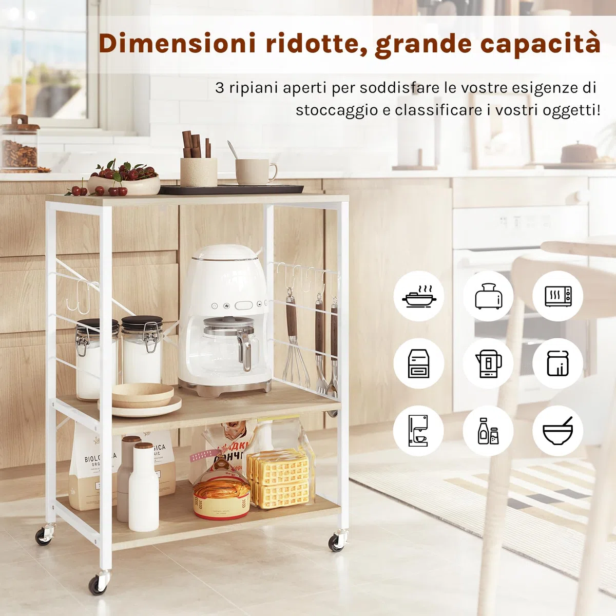 WOLTU Scaffale da Cucina con Ruote, Carrello Cucina a 3 Livelli, Scaffale per Microonde con 4 Ganci, Carrello da Bar con Struttura in Metallo, Bianco + Effetto Legno, 60x40x82,5 cm