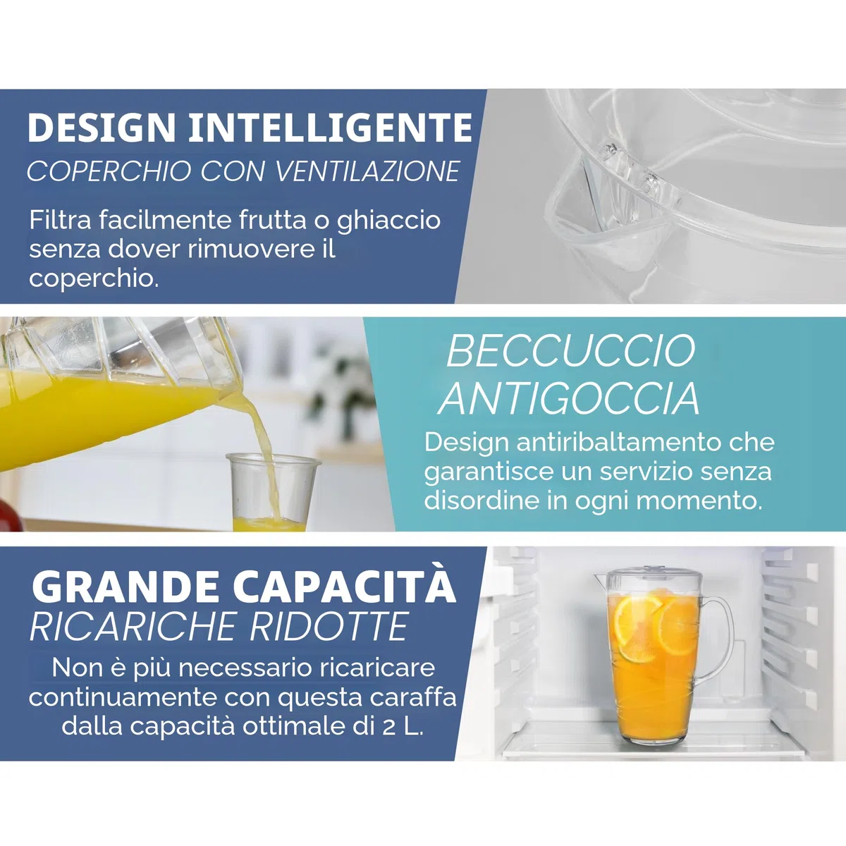 HEFTMAN Brocche in plastica trasparente da 2 litri – Confezione da 2 brocche in plastica con coperchio e beccuccio ventilato – ideale per cocktail, barbecue, feste, campeggio e uso quotidiano interno