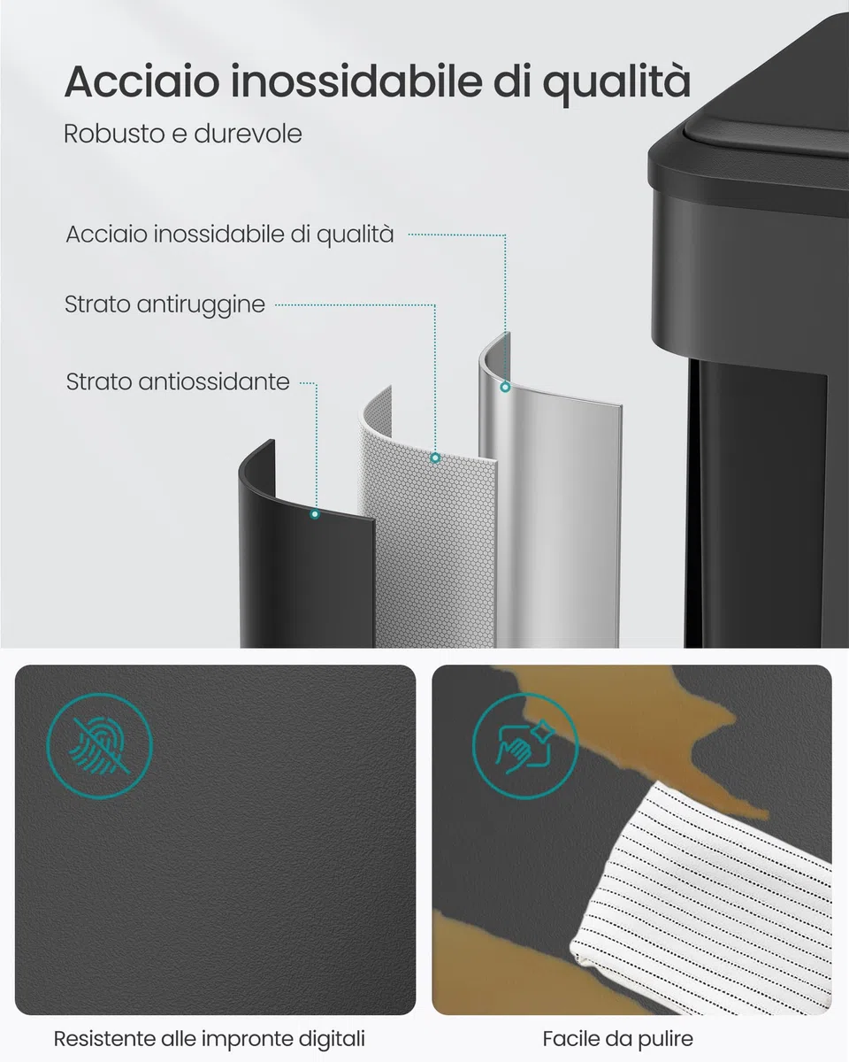 SONGMICS Cestino da Cucina, 2 x 30 L, Pattumiera Doppia per Raccolta Differenziata, Secchi Interni, Acciaio, Coperchio a Chiusura Morbida, Pedale Ampio, Nero Inchiostro LTB556B02
