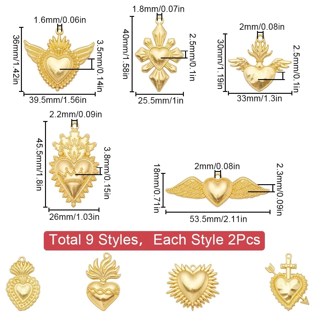 SUNNYCLUE 18 Pz Ciondoli Cuori Sacri Gotici In Oro, Amore Messicano Fai Da Te - Ideale per Halloween Donna Adulto