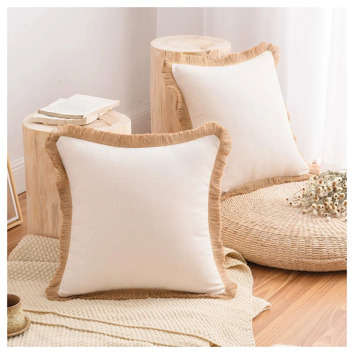 YUEZHONG Confezione Da 2 Federe Decorative In Lino Con Frange, Federe Boho Con Morbida Nappa, For Divano, Letto, Arredamento For La Casa(Cream)