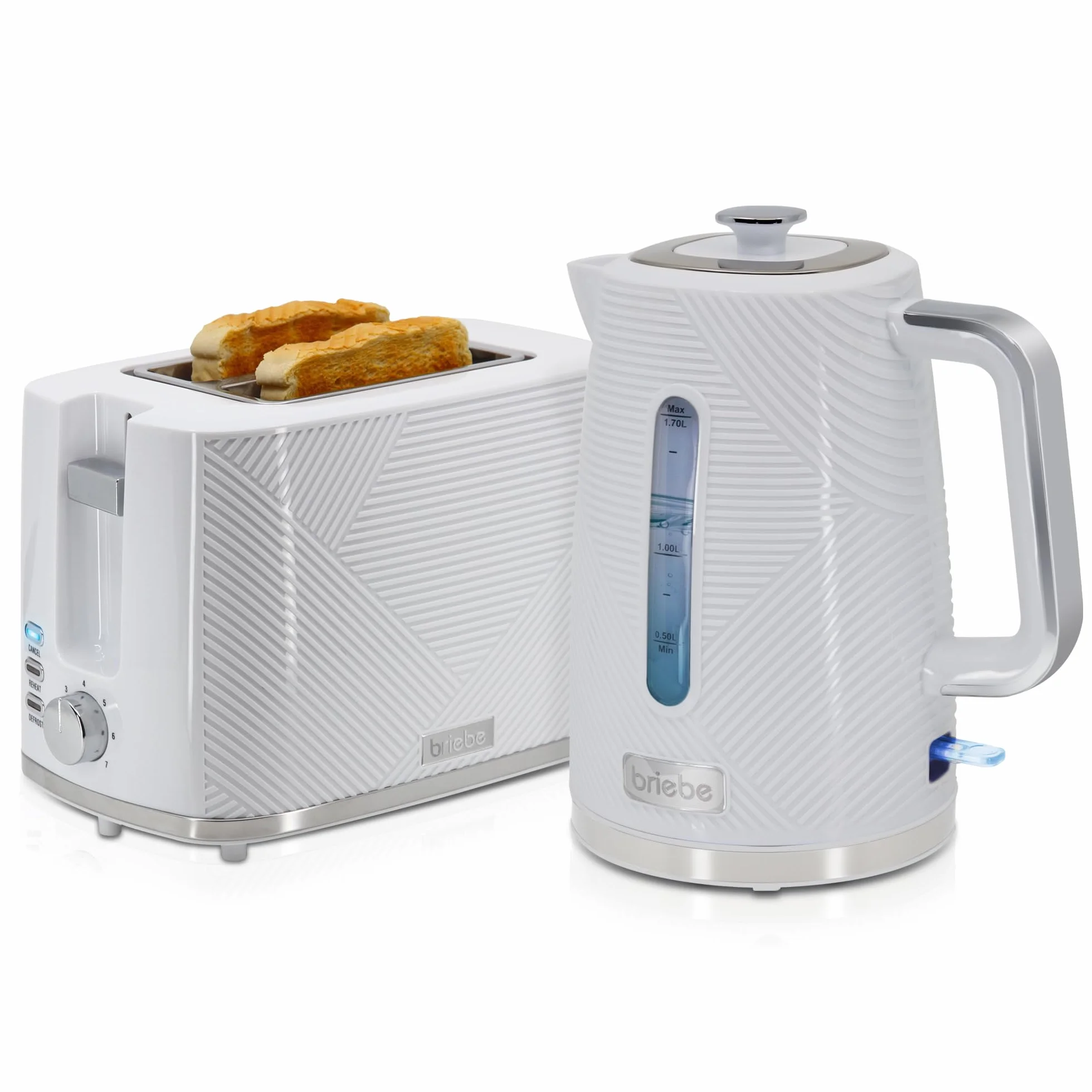 briebe Elegance Tostapane a Fessura Larga a 2 Fette, 7 Livelli di Tostatura, Pinze + Bollitore Elettrico 1,7L Cordless, Ebollizione Rapida 2200 W, senza BPA, Set Colazione, Design Moderno Bianco