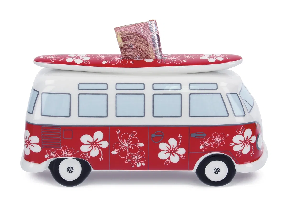 BRISA VW Collection - Volkswagen Salvadanaio in ceramica con tavola da surf, per risparmiare monete e banconote, VW Bus T1 design (Flower Power/Rosso)