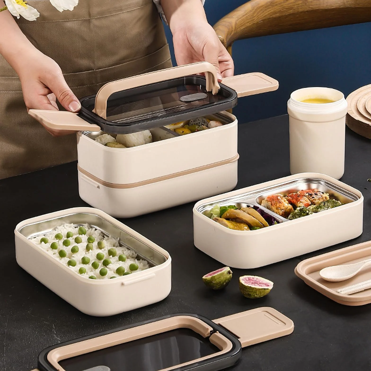 Contenitore per il pranzo, 1400 ml, con 2 ripiani, grande volume, a prova di perdite, in acciaio inox, ermetico, con set di posate, senza BPA, adatto al microonde
