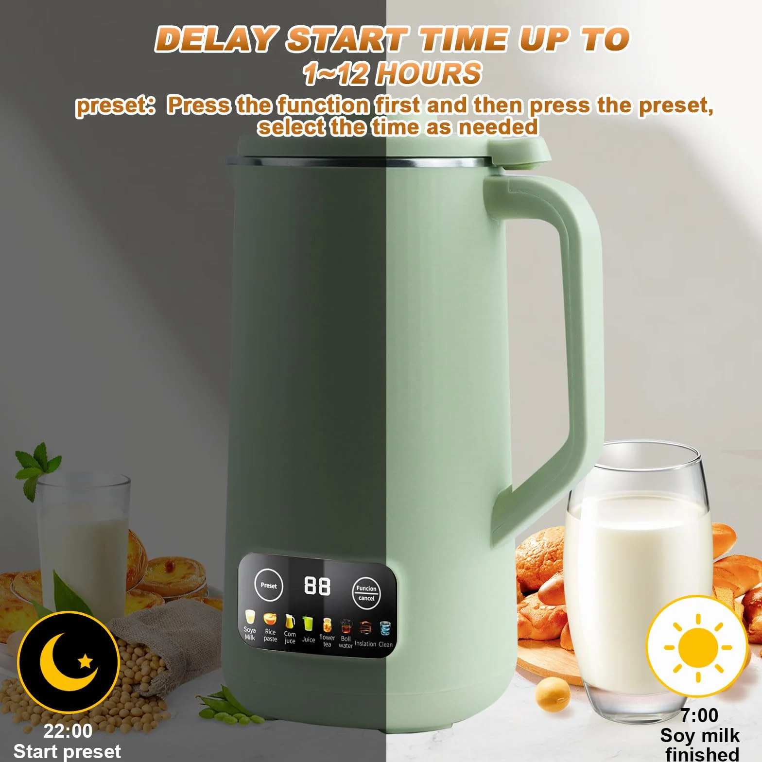 Macchina per Latte di Soia, 600ml Latte Vegetale Macchina con Pulizia Automatica, Multifunzionale Digital Nut Oat Milk Soup Maker, 304 Acciaio Inossidabile, per Zuppe, Latte di Soia (Verde)