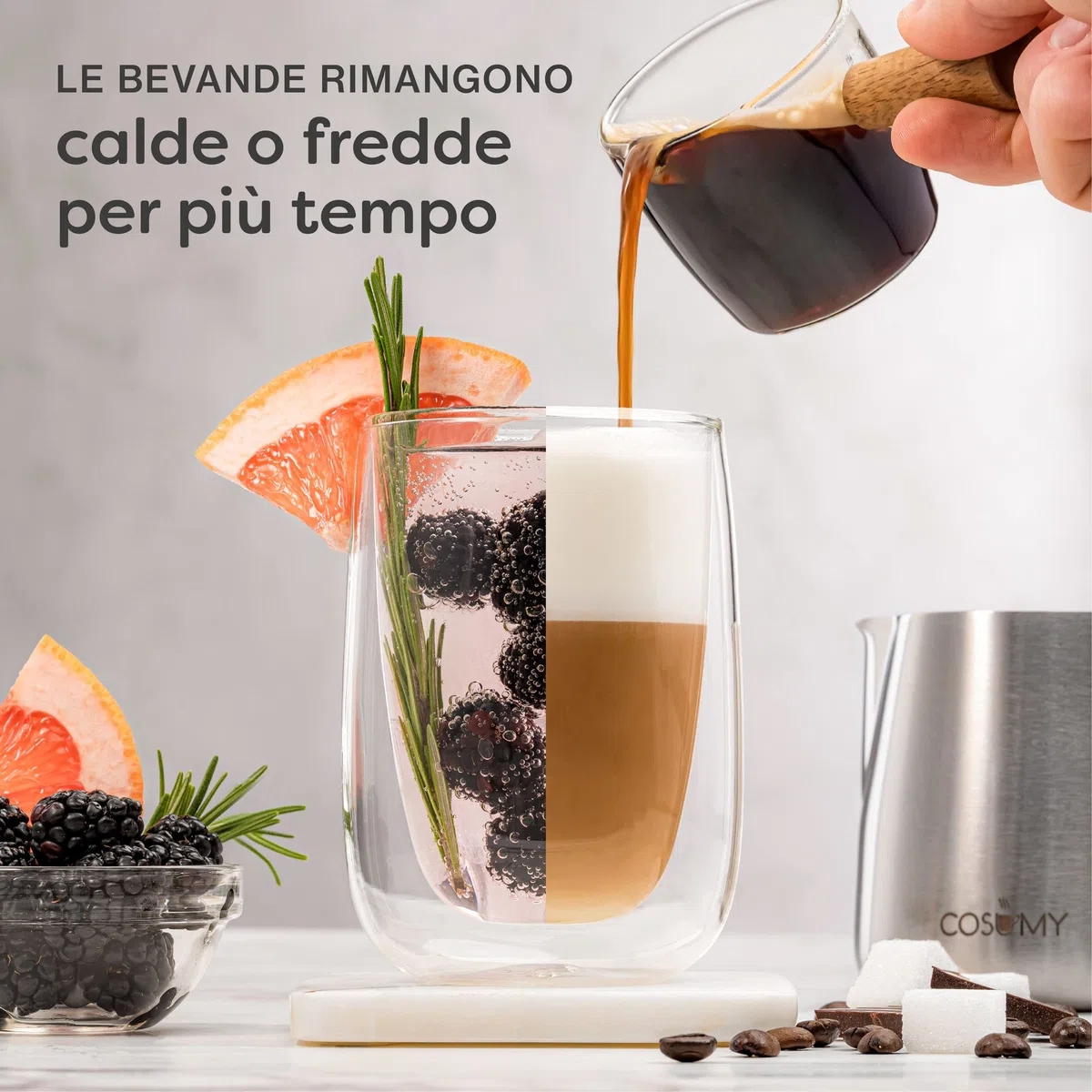 Cosumy 4 Bicchieri a Doppia Parete da 250ml per Cappuccino - Mantengono la Temperatura - Proteggono le Mani - Con Confezione Regalo