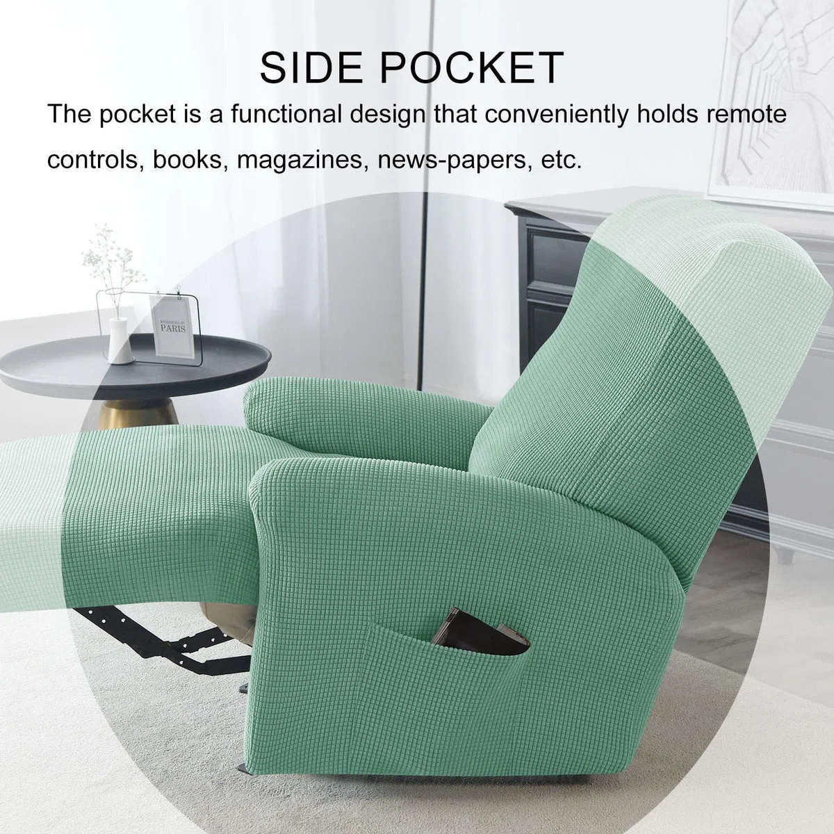 Elastico 4-Pezzo Copripoltrona Relax Reclinabile 1 Posto, Morbido Jacquard Tessuto Copripoltrona Relax Reclinabile Elettrica Con Tasche(Verde,1 posto)