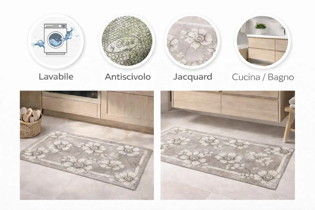 by Suardi Tappeto Cucina Bagno Emily Antiscivolo Lavabile in Lavatrice, Passatoia 55 cm in Ciniglia Jacquard Floreale, Made in Italy, Vari Colori e Misure (Tortora, 55x115 cm)