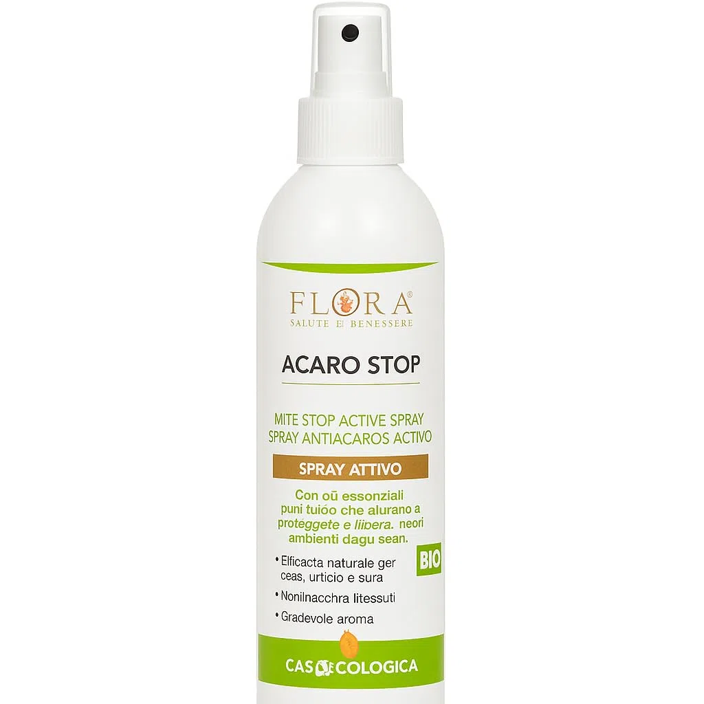 FLORA Acaro Stop Spray Antiacaro BIO-ICEA 200 ml – 15 Oli Essenziali 100% Puri + Olio di Neem, Protegge da Acari della Polvere, Non Macchia Tessuti, Uso su Materassi, Cuscini, Tappeti, Casa & Auto