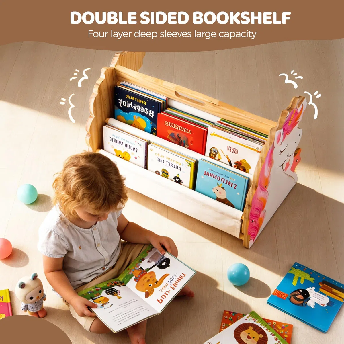 Libreria per bambini in legno a 2 ripiani, Libreria Montessoriana per Bambini, Scaffalatura Espositore da Cameretta, organizer per libri con maniglia, scaffale organizer per Cameretta e Stanza (02)