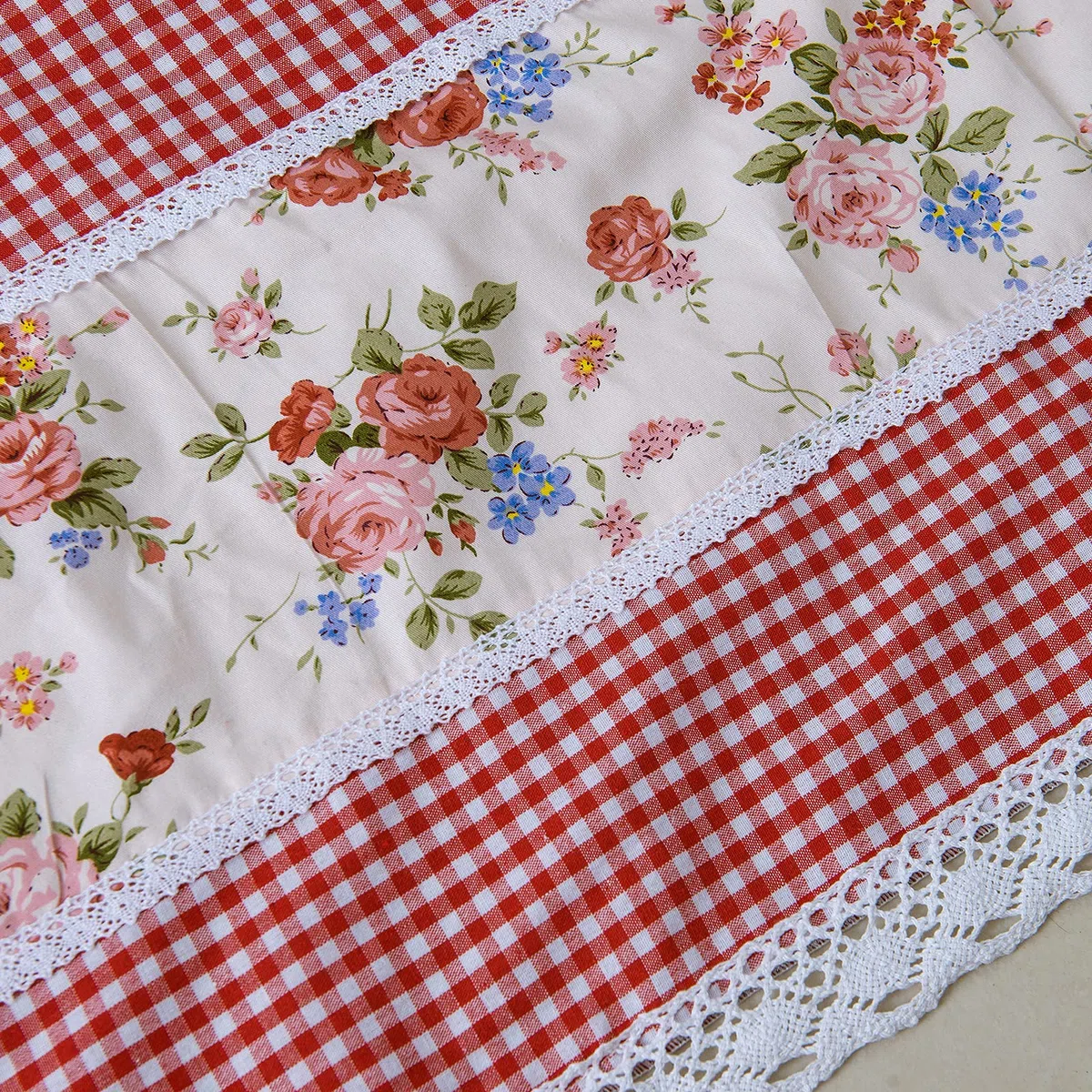 Dreamskull - Tendina da cucina, stile rustico, corta, opaca, con asta, con fiori, pizzo e quadretti, larghezza 150 cm