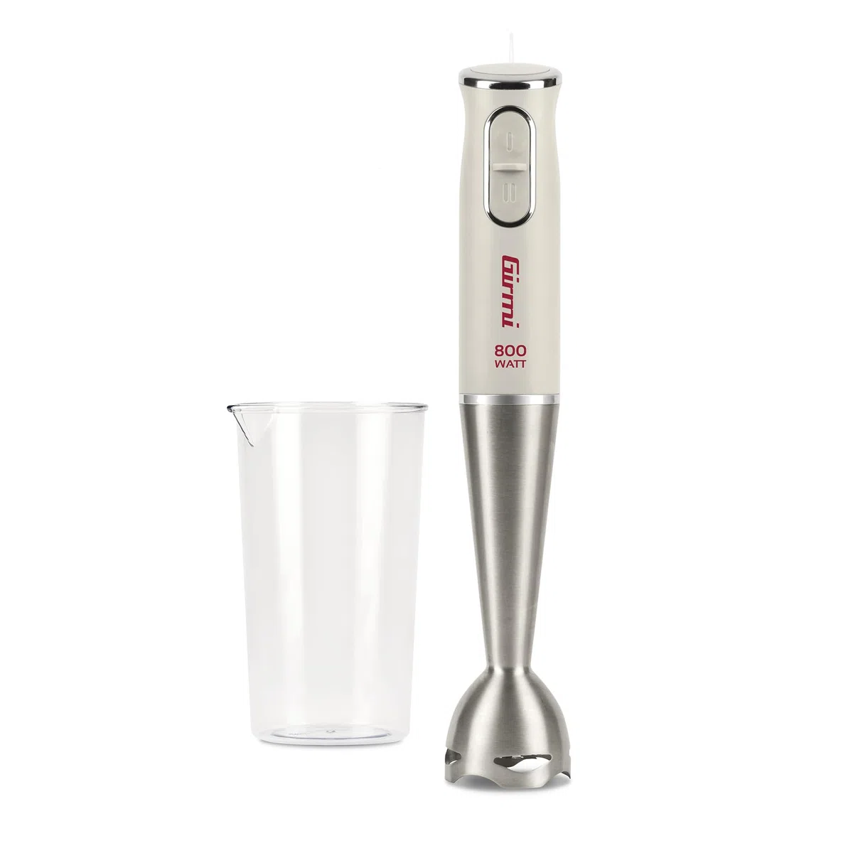 Girmi MX41 Frullatore ad Immersione Fru-steel+, Motore DC, 800W, 2 Velocità, Lame INOX, Fusto Smontabile INOX 19 cm, Impugnatura Ergonomica, Bicchiere Incluso, Facile da Pulire
