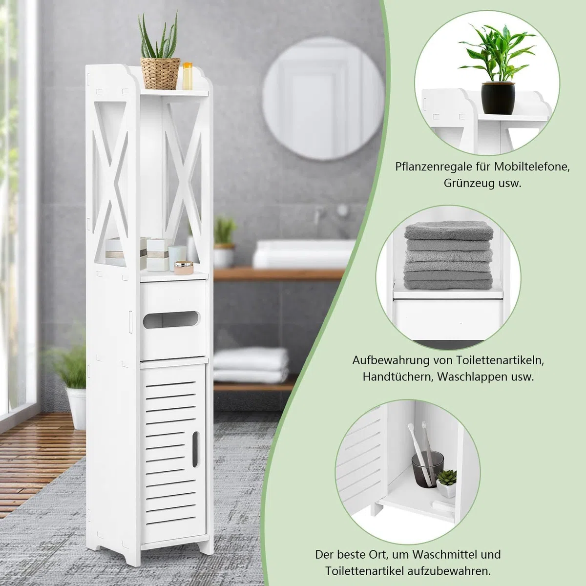Armadietto da Bagno Salvaspazio 15x15x80cm, Mobile Bagno Stretto Impermeabile in PVC, Colonna Bagno Slim con Cassetto e Ripiani, Mobiletto Bagno Bianco per WC Cucina Camera