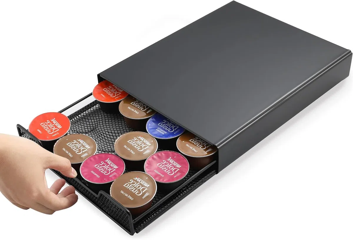 Supporto per capsule di caffè per Nespresso originalline, Vertuo, Dolce Gusto, Organizzatore con cassetto portacapsule e design anti-vibrazione, Piccolo distributore di capsule di caffè in