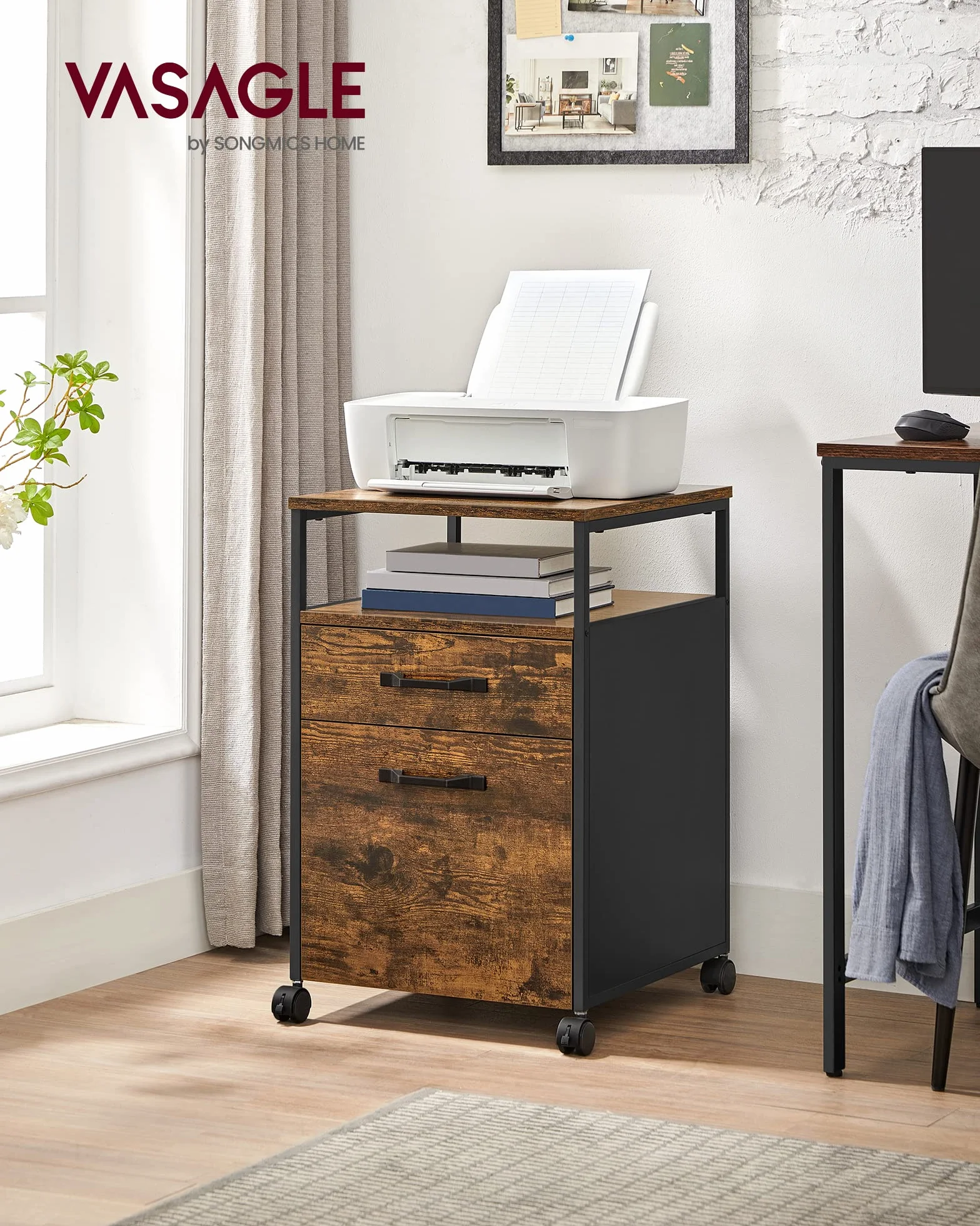 VASAGLE Schedario con 2 Cassetti, Mobile per Ufficio con Ruote, Ripiano Aperto, Struttura in Acciaio, Stile Industriale, Marrone Vintage e Nero Inchiostro OFC71X