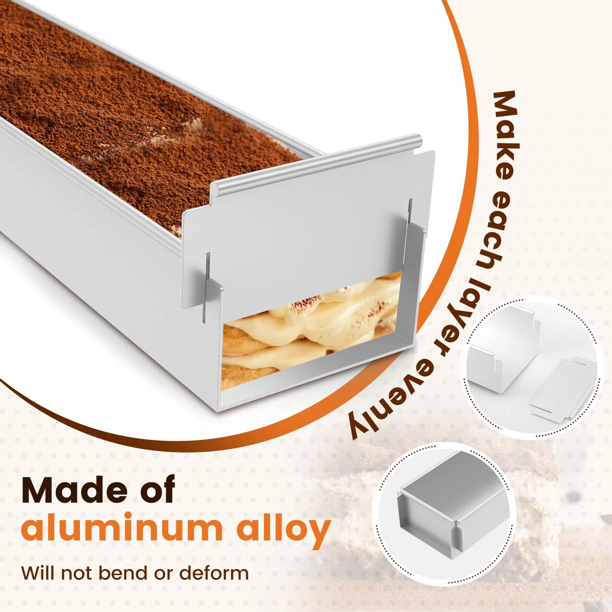 Forma rettangolare regolabile con paletta per torte | Telaio in lega di alluminio con rivestimento antiaderente. Stampo ideale per mousse e dessert. Facile da pulire.