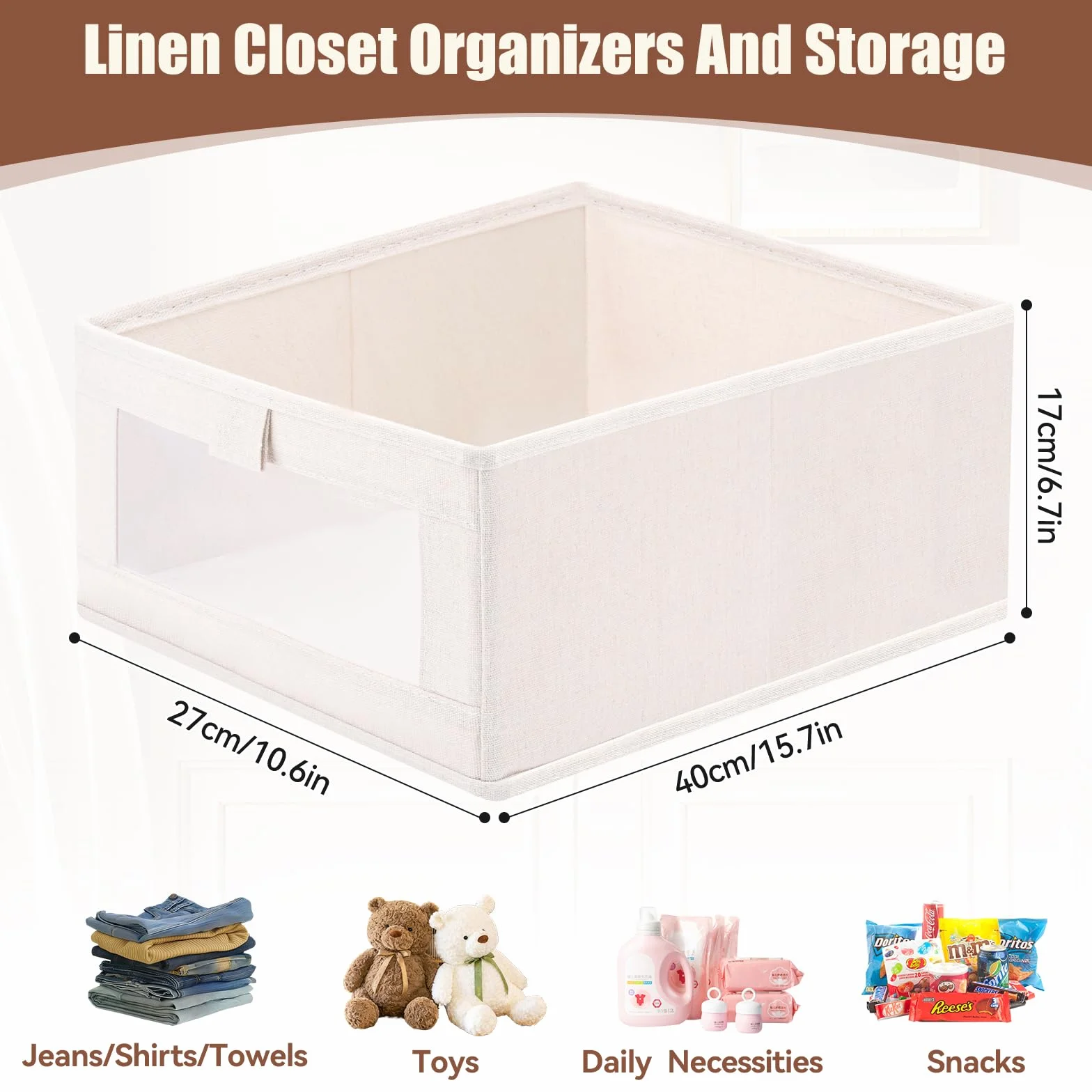 Scatole Portaoggetti Pieghevoli, Set di 3 Contenitori, Organizzatori per Armadio 40 x 27 x 17 cm, Cubo Pieghevole in Tessuto con finestra trasparente,Maniglie, per Armadio, Vestiti, Libri,Giocattoli